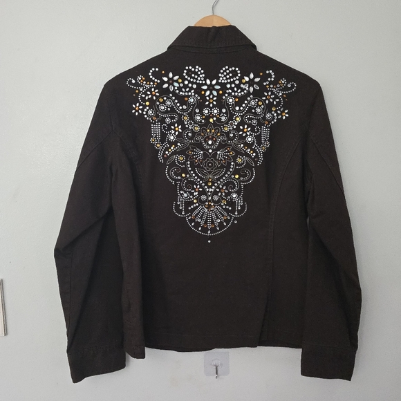 Chico's Jackets & Blazers - CHICOS PLATINUM Denim Jacket Brown Rhinestones Bedazzled Country Rock Sz  L